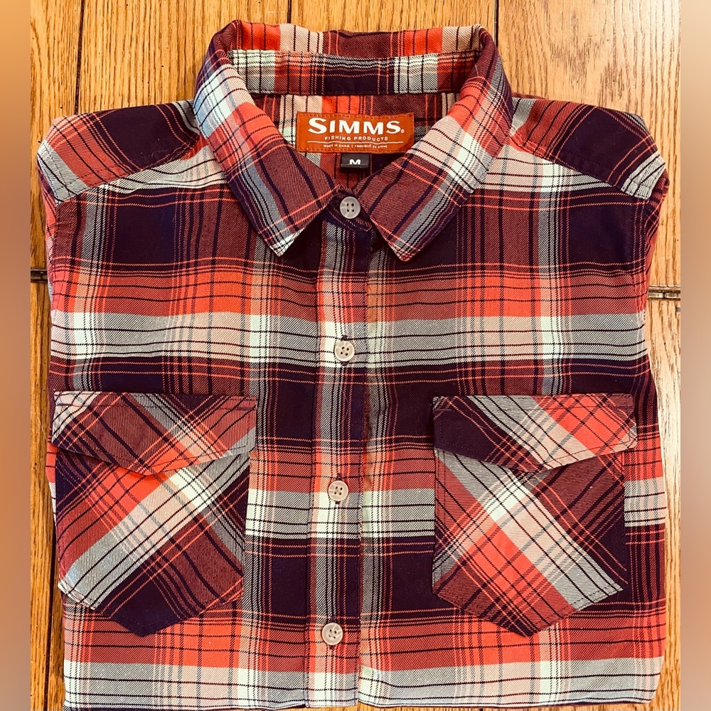 Simms women’s flannel button down shirt, medium, burgundy/orange